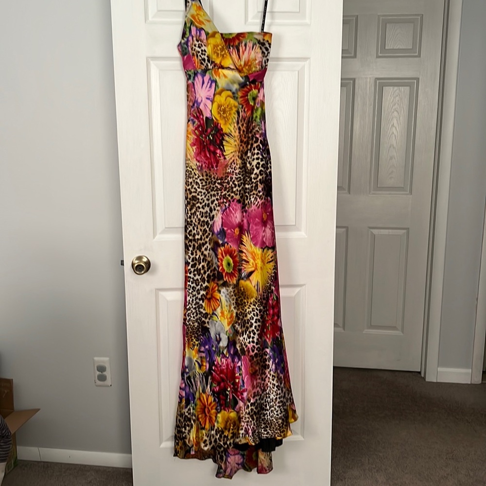 Floor length, one shoulder Niki Livas floral print dress